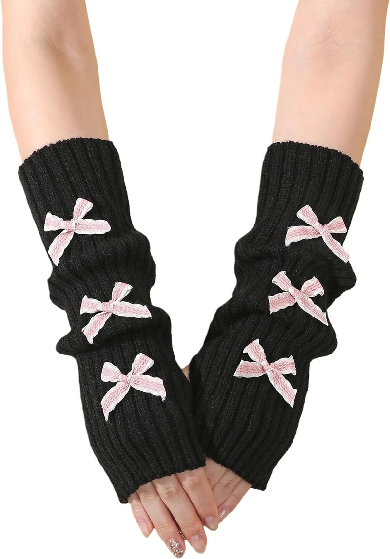 Lauthen.S Y2K Arm Warmers Cute Long Sleeve Fingerless Gloves Knitted Harajuke Style Arm Sleeves Kawaii with Bownot - Image 2
